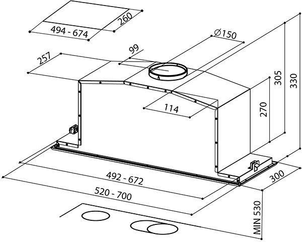 Extractor Hood FABER INCA LUX GLASS EV8 X/BK KL A70 Technical draft