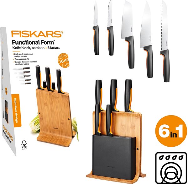 Sada nožov FISKARS Functional Form Bambusový blok s piatimi nožmi ...
