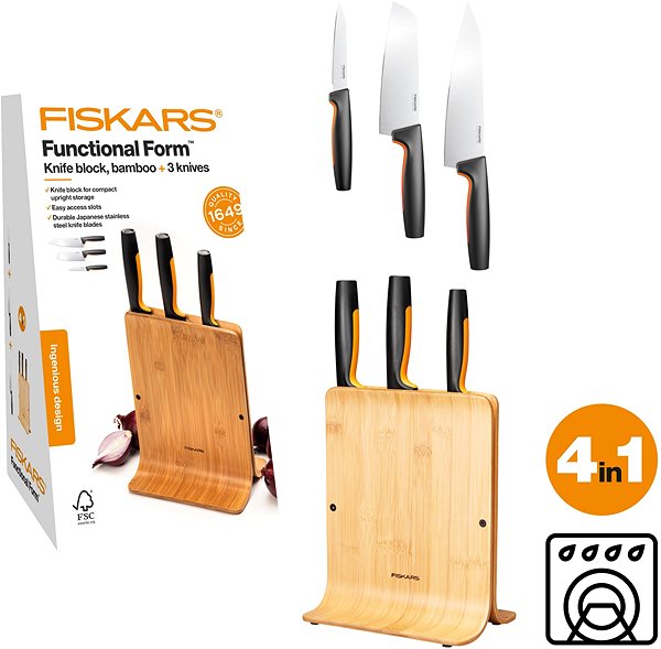 Késkészlet FISKARS Functional Form Bambusz blokk három késsel ...