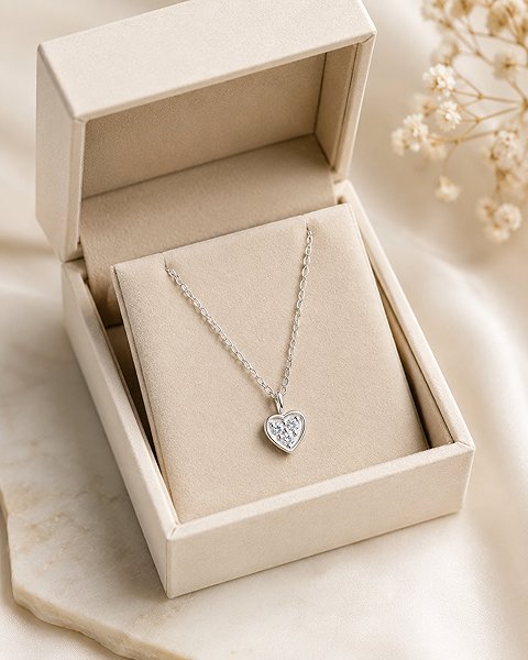 Flor de Cristal Silver Necklace with Heart - White.