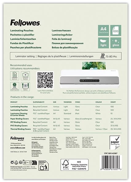 Lamináló fólia Fellowes A4/160 újrahasznosított anyagból (50%), fényes – 100 darabos csomag ...