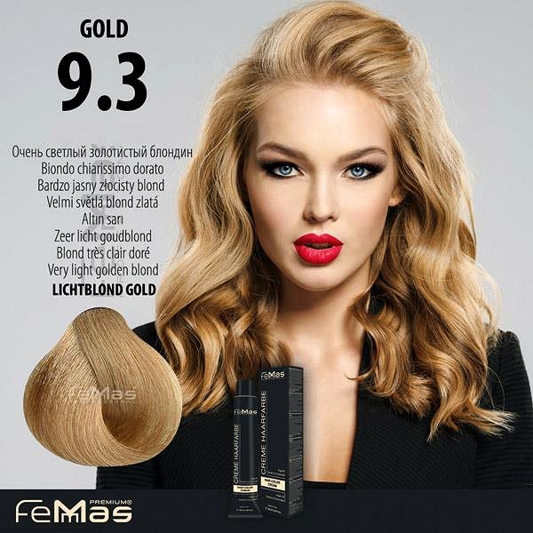 Farba na vlasy FemMas Farba na vlasy Veľmi svetlá blond zlatá 9.3 ...