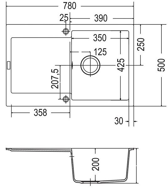 Granitový drez FRANKE MRG 611 780 × 500 onyx Technický nákres