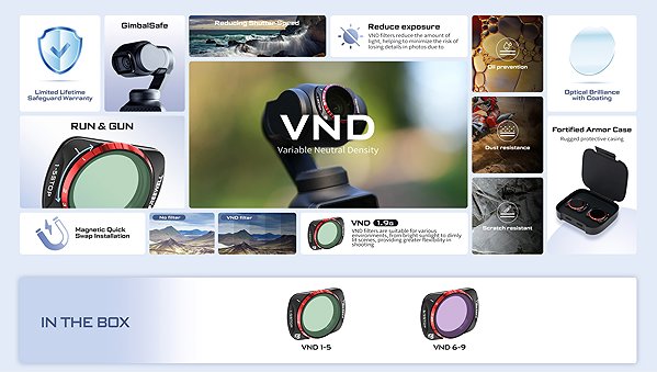 ND Filter FREEWELL Osmo Pocket 3 Variable ND 1-5 Stop, 6-9 Stop Filters - 2Pack.