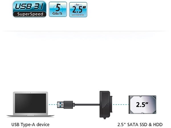 Adapter AKASA USB 3.1 Gen1 Type A Adapter for Connecting 2.5“ SATA Disk / AK-AU3-07BK Features/technology