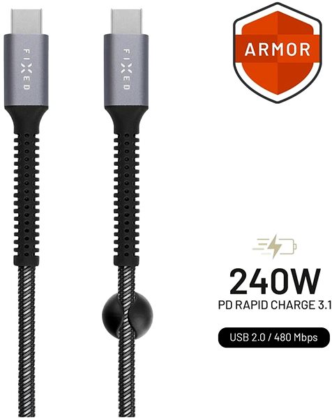 Adatkábel FIXED Armor USB-C/USB-C PD 1,2 m USB 2.0 240W, fonott, szürke ...