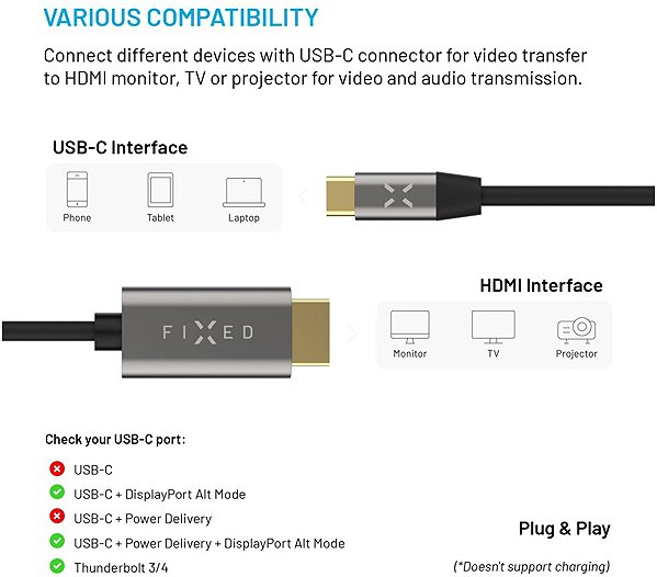 Video Cable FIXED Video Cable USB-C/HDMI USB-C 3.1 Gen 2 18Gbps HDMI 2.0 4K60Hz 2m grey ...
