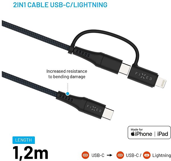 Data Cable FIXED Cable USB-C/USB-C and Lightning adapter PD 1.2m MFi PD 60W grey ...