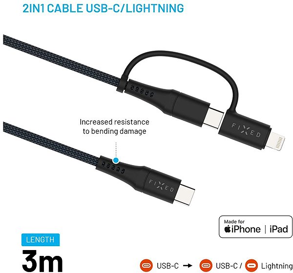 Data Cable FIXED Cable USB-C/USB-C and Lightning adapter PD 3m MFi PD 60W grey ...