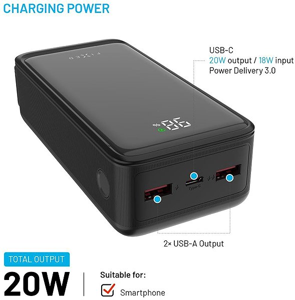 Power Bank FIXED Zen2 30 with LCD display and PD output 20W 30.000mAh black ...