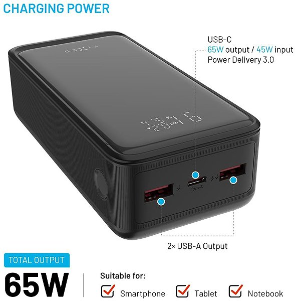 Power Bank FIXED Zen2 30 Plus with LCD display and PD 65W 30,000mAh black ...