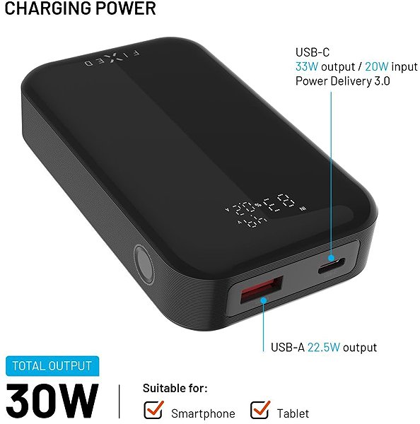 Power Bank FIXED Zen 10 Pro with LCD display and PD output 30W 10,000mAh black ...