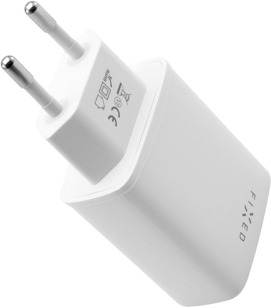 Netzladegerät FIXED Travel mit USB-C-Ausgang und USB-C / Lightning-Kabel unterstützt PD 1m MFI 18 W, weiß Seitlicher Anblick