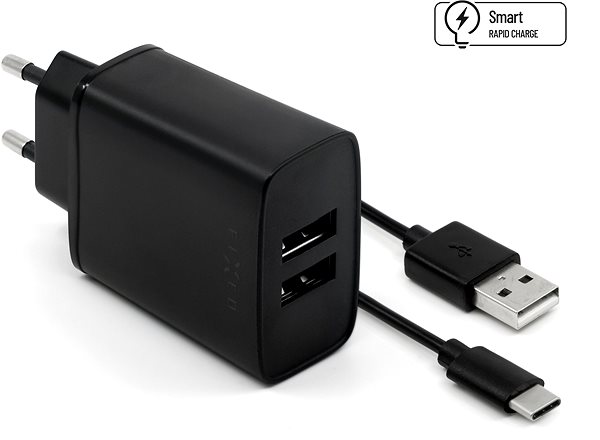 Nabíječka do sítě FIXED Smart Rapid Charge 15W s 2xUSB výstupem a USB/USB-C kabelem 1m černá Screen