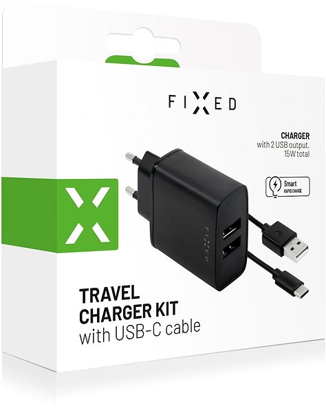 Nabíjačka do siete FIXED Smart Rapid Charge 15 W s 2× USB výstupom a USB/USB-C káblom 1 m čierna Obal/škatuľka