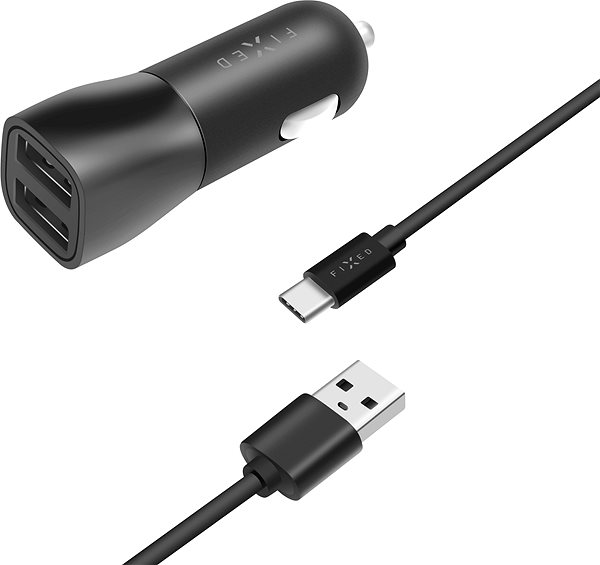 Auto-Ladegerät FIXED Smart Rapid Charge 15W mit 2 x USB Ausgang und USB/USB-C Kabel 1 m - schwarz Screen