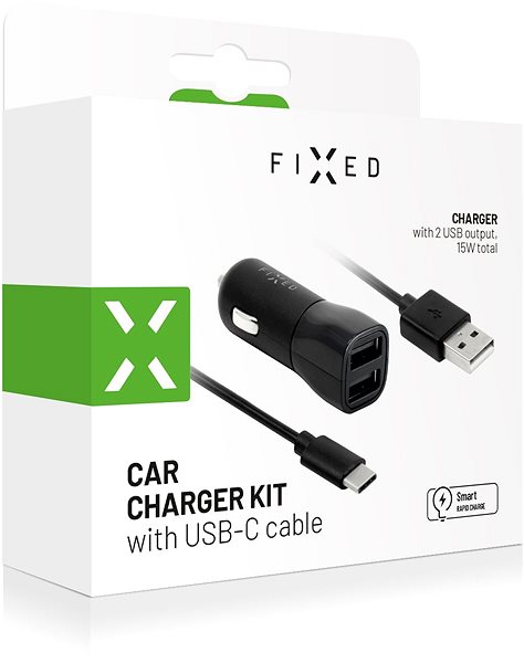 Car Charger FIXED Smart Rapid Charge 15W with 2xUSB Output and USB/USB-C Cable 1 Black Packaging/box