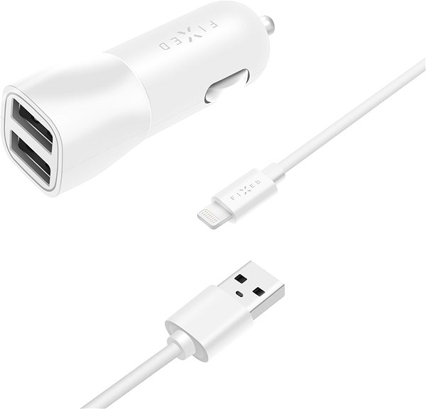 Autós töltő FIXED Smart Rapid Charge 15 W 2x USB kimenettel és USB/Lightning kábellel MFI tanúsítvány, fehér Képernyő