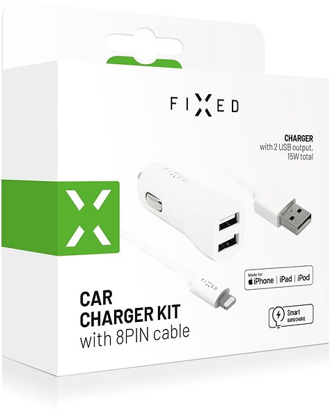 Autós töltő FIXED Smart Rapid Charge 15 W 2x USB kimenettel és USB/Lightning kábellel MFI tanúsítvány, fehér Csomagolás/doboz
