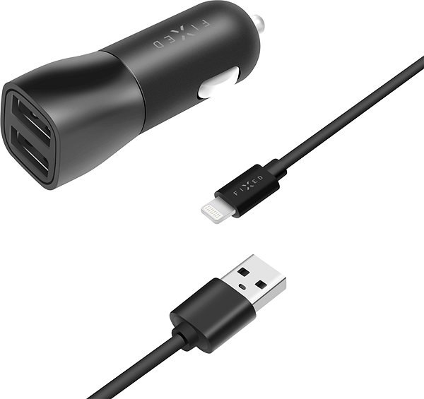 Auto-Ladegerät FIXED Ladegerät mit 2 x USB Ausgang und USB/Lightning Kabel 1 Meter - MFI Zertifizierung - 15 Watt Smart Rapid Charge - schwarz ...