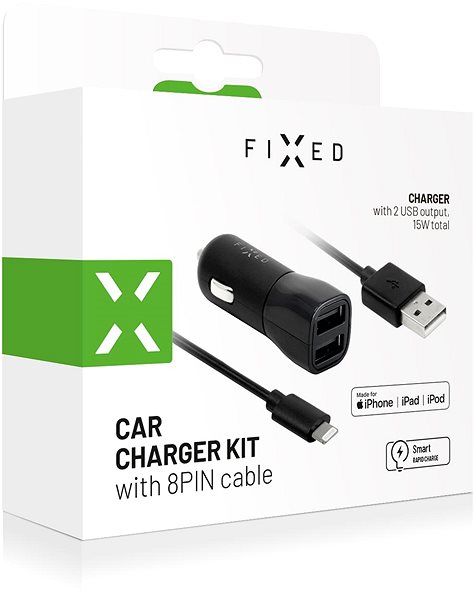 Nabíjačka do auta FIXED s 2× USB výstupom a USB/Lightning kábel 1 meter MFI certifikácia 15 W Smart Rapid Charge čierna ...