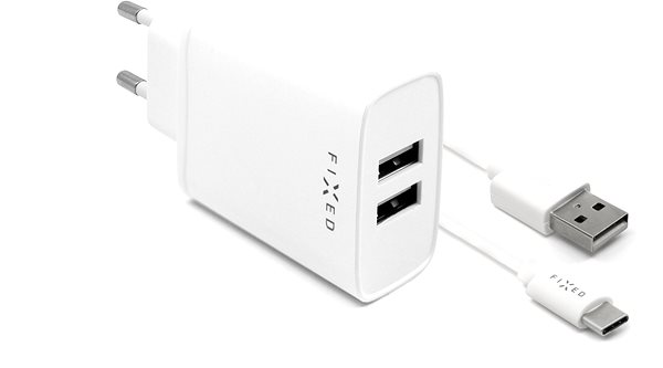 AC Adapter FIXED Smart Rapid Charge 15W with 2xUSB Output and USB/USB-C Cable 1m White Screen