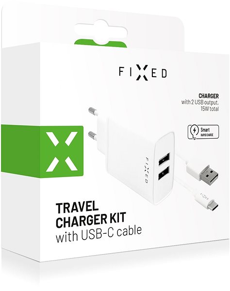 Töltő adapter FIXED Smart Rapid Charge 2 x USB + 1m USB to USB-C kábel - 15W, fehér Csomagolás/doboz