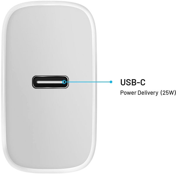 Hálózati adapter FIXED USB-C kimenettel és PD támogatással 25 W fehér színben Jellemzők/technológia