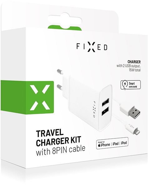 Nabíjačka do siete FIXED Smart Rapid Charge 15 W s 2× USB výstupom a USB/Lightning káblom 1 m MFI certifikácia biela Obal/škatuľka