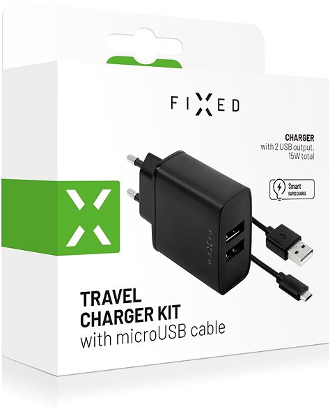 Töltő adapter FIXED Smart Rapid Charge 2 x USB + 1m USB to micro USB kábel - 15W, fekete Csomagolás/doboz