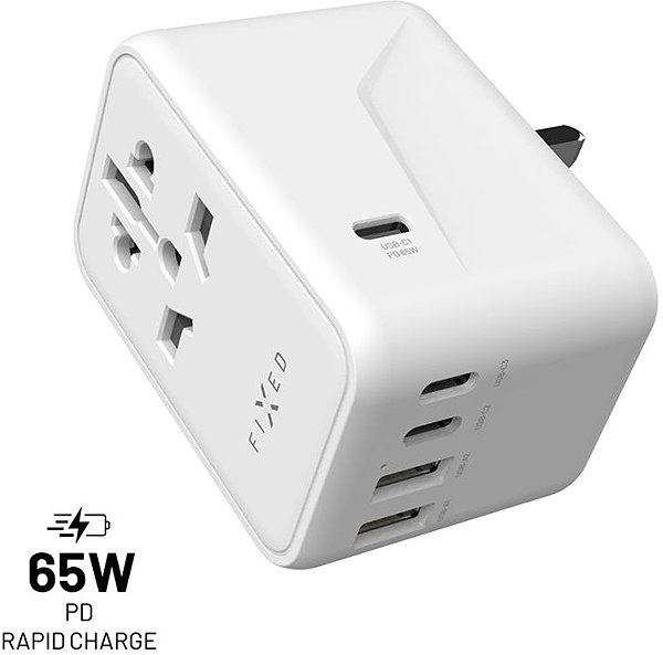 Wall Charger FIXED Voyager Travel GaN Adapter EU UK USA/AUS with 3xUSB-C and 2xUSB output PD 65W white ...