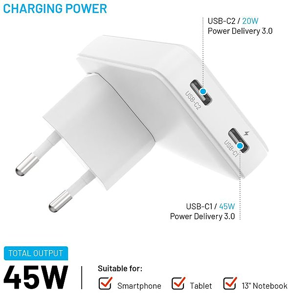 Wall Charger FIXED Slim Traveller GaN PD 45W with 2x USB-C output with interchangeable adapters white ...