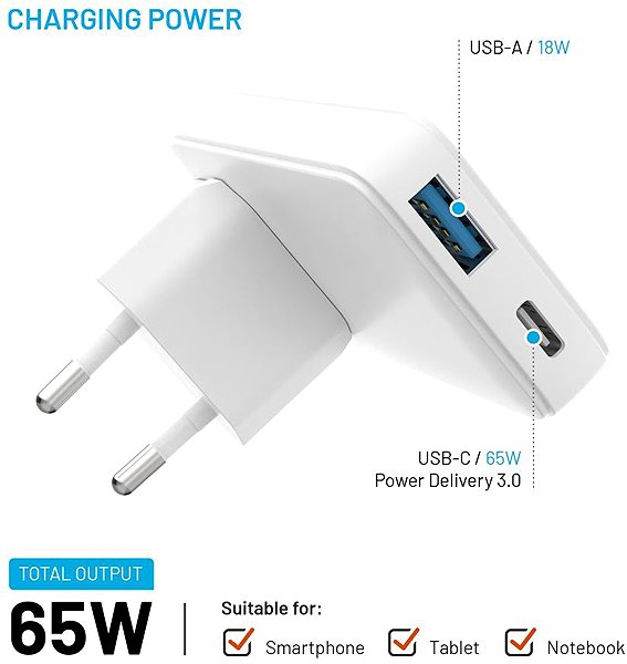 Wall Charger FIXED Slim Traveller GaN PD 65W with USB-C and USB output with interchangeable adapters white ...