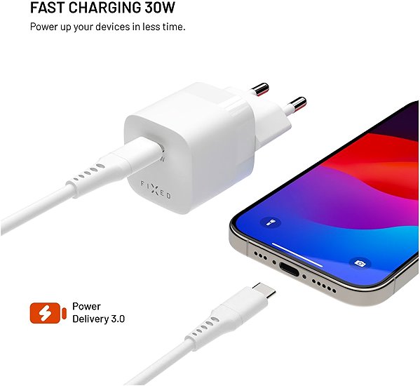 Wall Charger FIXED Mini GaN with USB-C output and USB-C/USB-C cable 1.2m support PD 30W white ...