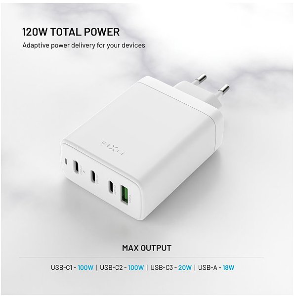 Wall Charger FIXED GaN with 3xUSB-C and USB output support PD 3.0 120W white ...