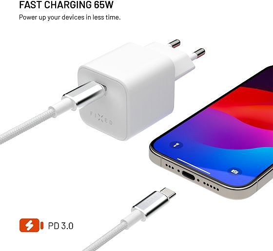 Wall Charger FIXED Mini GaN with USB-C output and USB-C/USB-C cable 2m support PD 65W white ...