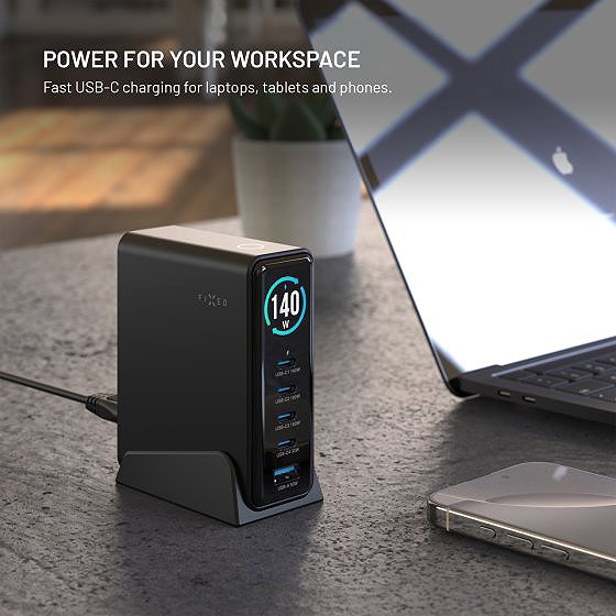 Wall Charger FIXED GaN Station 140W with Display 4× USB-C/USB PD 3.2 Black ...