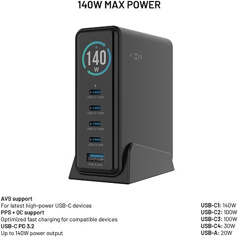 Wall Charger FIXED GaN Station 140W with Display 4× USB-C/USB PD 3.2 Black ...