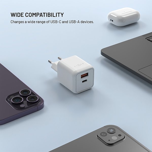 Töltő adapter FIXED Mini GaN USB-C/USB kimenettel és PD 45W támogatással, fehér ...