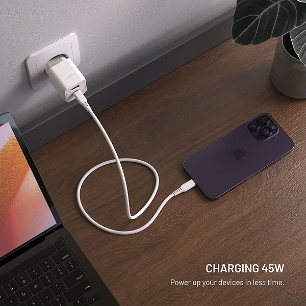Töltő adapter FIXED Mini GaN USB-C/USB kimenettel és PD 45W támogatással, fehér ...