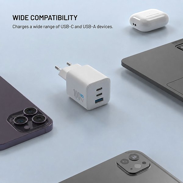 Wall Charger FIXED Mini GaN with 2x USB-C and USB output, supports PD 100W, white ...