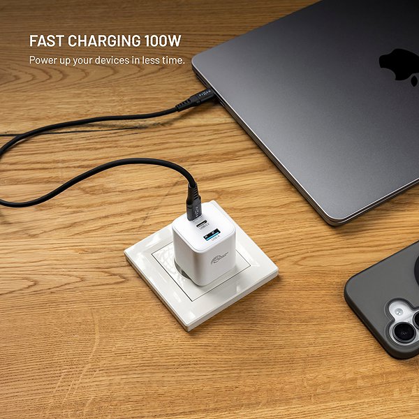 Wall Charger FIXED Mini GaN with 2x USB-C and USB output, supports PD 100W, white ...