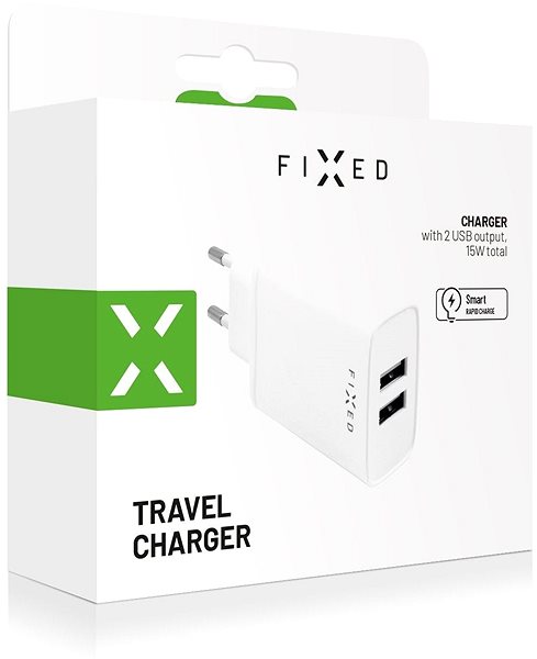 Nabíjačka do siete FIXED Smart Rapid Charge 15 W s 2× USB výstupom biela Obal/škatuľka