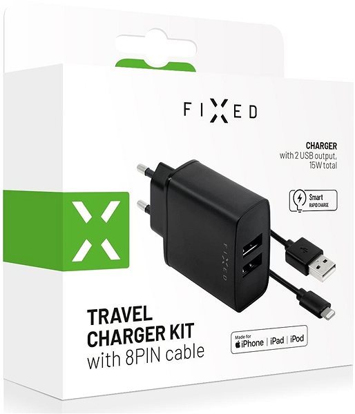 Töltő adapter FIXED Smart Rapid Charge 2 x USB + 1m USB to Lightning kábel - 15W, fekete Csomagolás/doboz