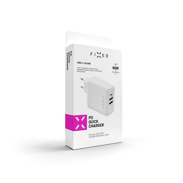 AC Adapter FIXED Travel with USB-C and 2xUSB Output Support PD 60W White Packaging/box