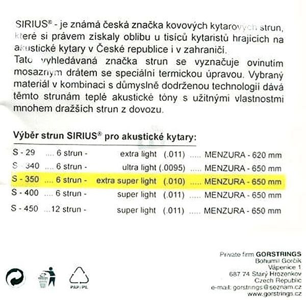 Struny Gorstrings Sirius S-350 10-43 Extra Super Light ...
