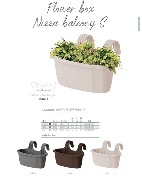 Truhlík GARDINO Hrantík na zábradlie NIZZA, 38 × 18 cm, vysoký 18,5 cm, mocca ...
