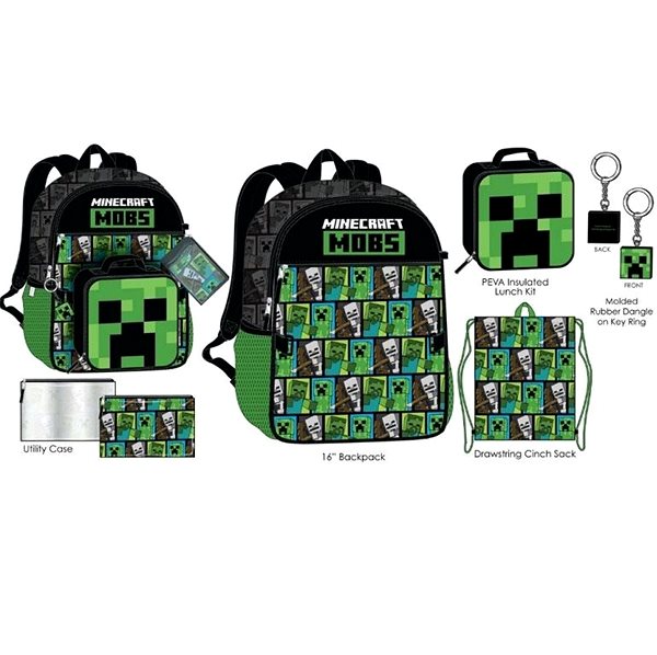 Batoh Minecraft – Mobs – Batoh, gym bag, desiatový box, peračník, kľúčenka Obsah balenia