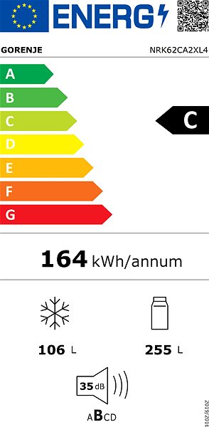 Hűtőszekrény GORENJE NRK62CA2XL4 AdaptTech Energia címke