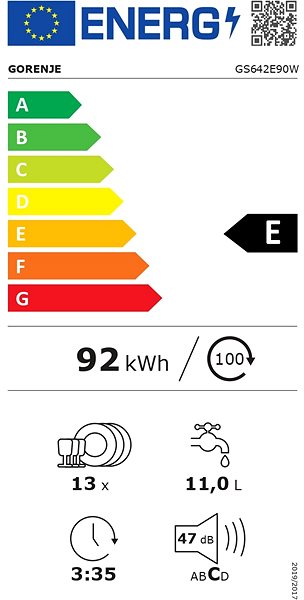 Mosogatógép GORENJE GS642E90W Energia címke